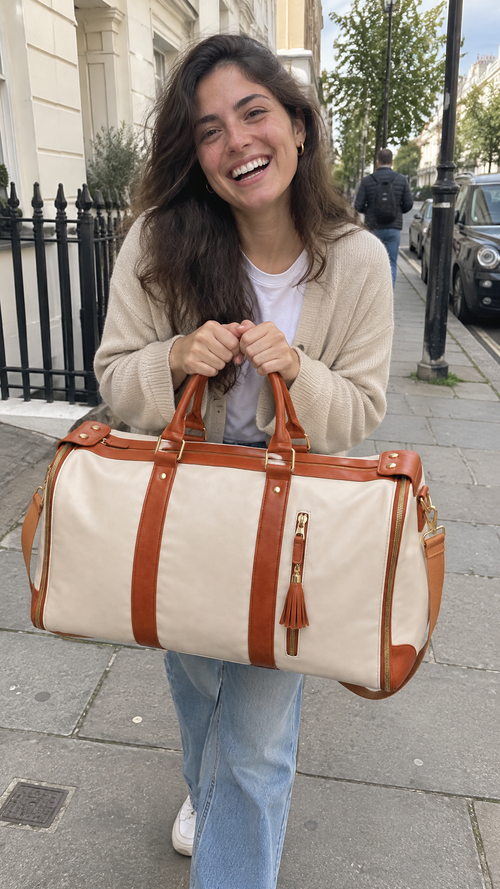 Photo d'une cliente avec son sac Nomadia