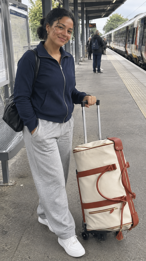 Photo d'une cliente avec son sac Nomadia